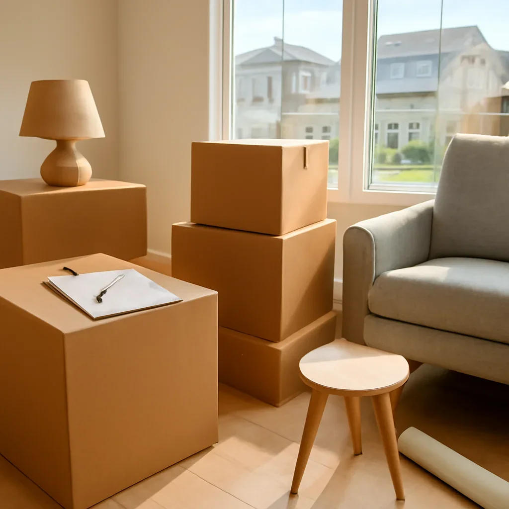 Boxes and furniture prepared for a move in Airdrie