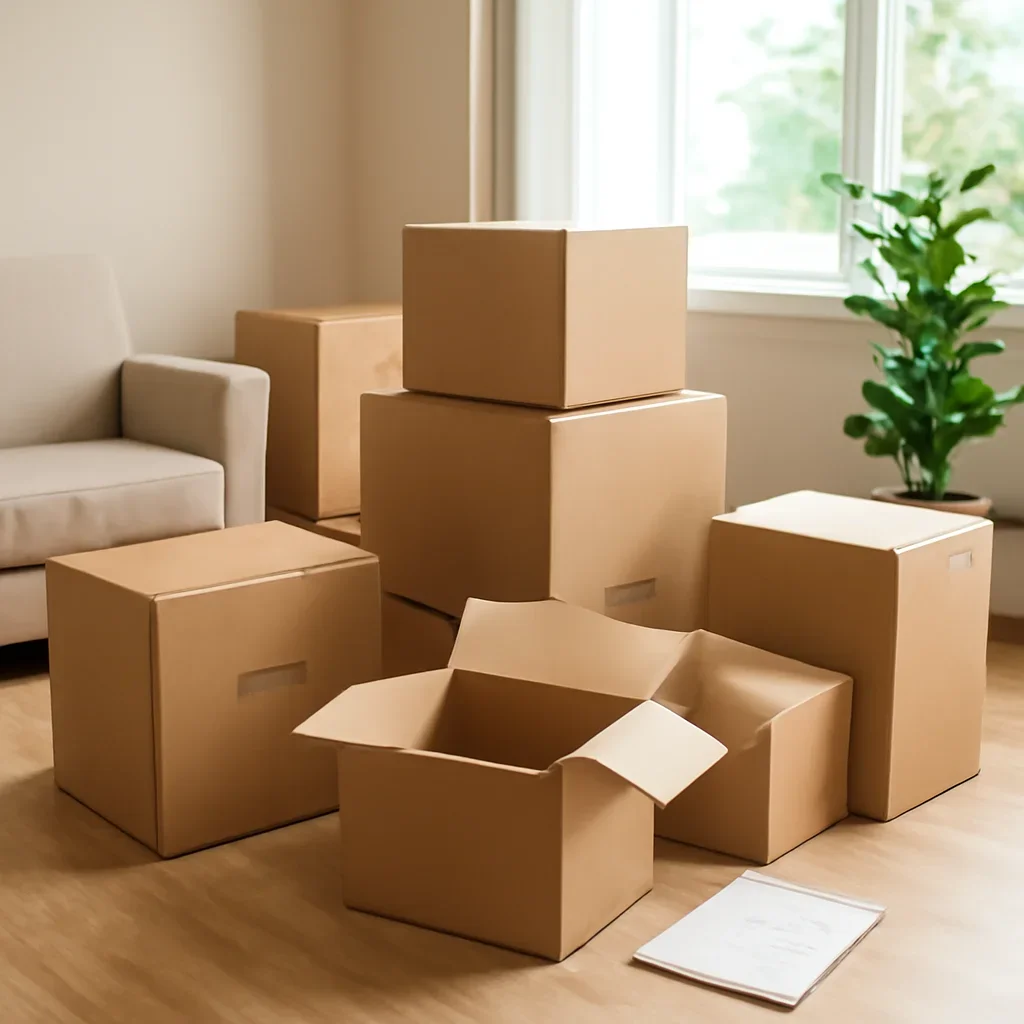 Boxes and furniture prepared for a move in Cochrane
