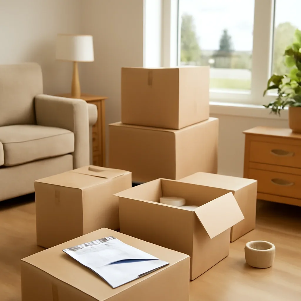 Boxes and furniture prepared for a move in Grande Prairie