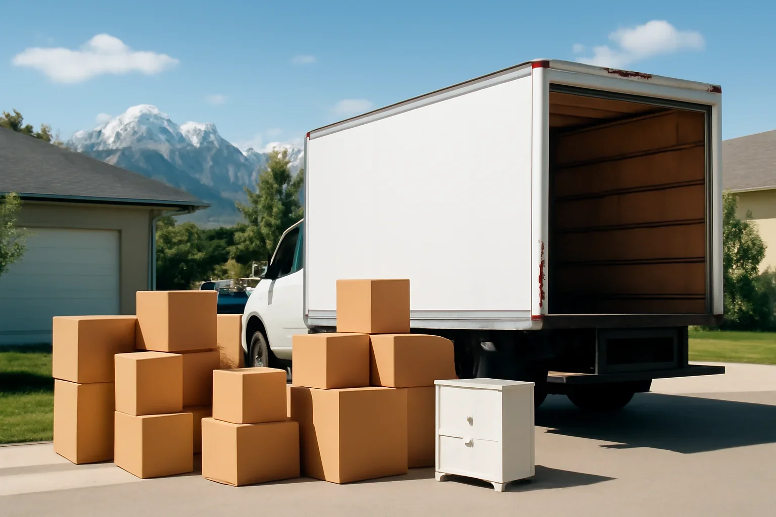 Moving truck and household boxes prepared for a move in Alberta
