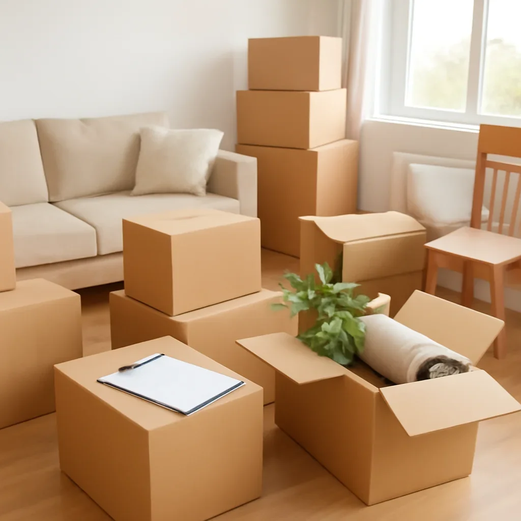 Boxes and furniture prepared for a move in High River