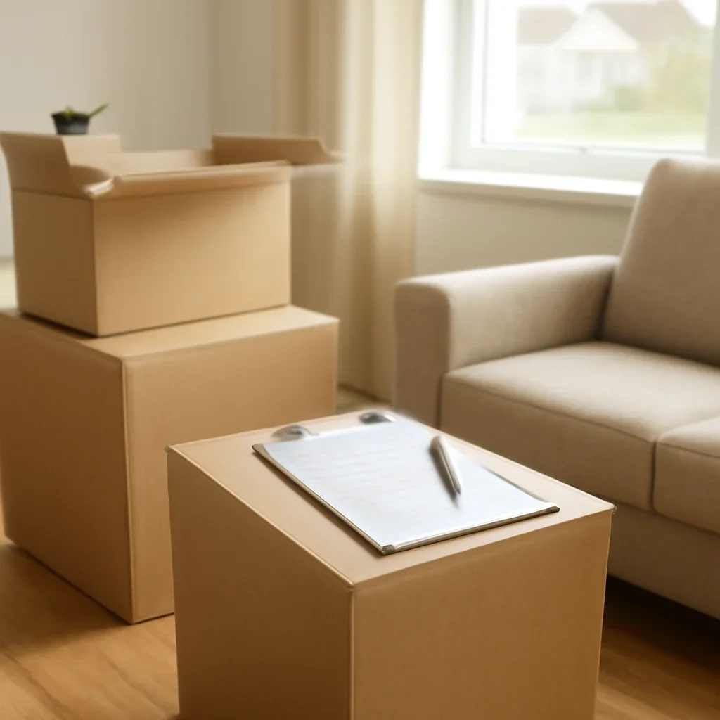 Boxes and furniture prepared for a move in Leduc