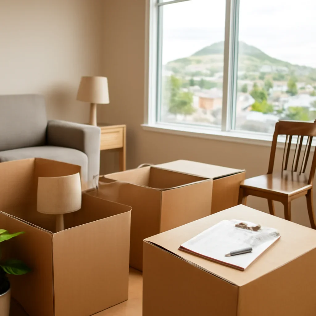 Packed household boxes and furniture ready for a move in Lethbridge Alberta