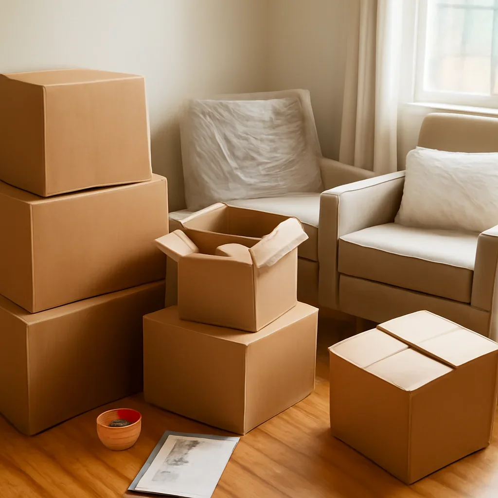 Boxes and furniture prepared for a move in Lloydminster