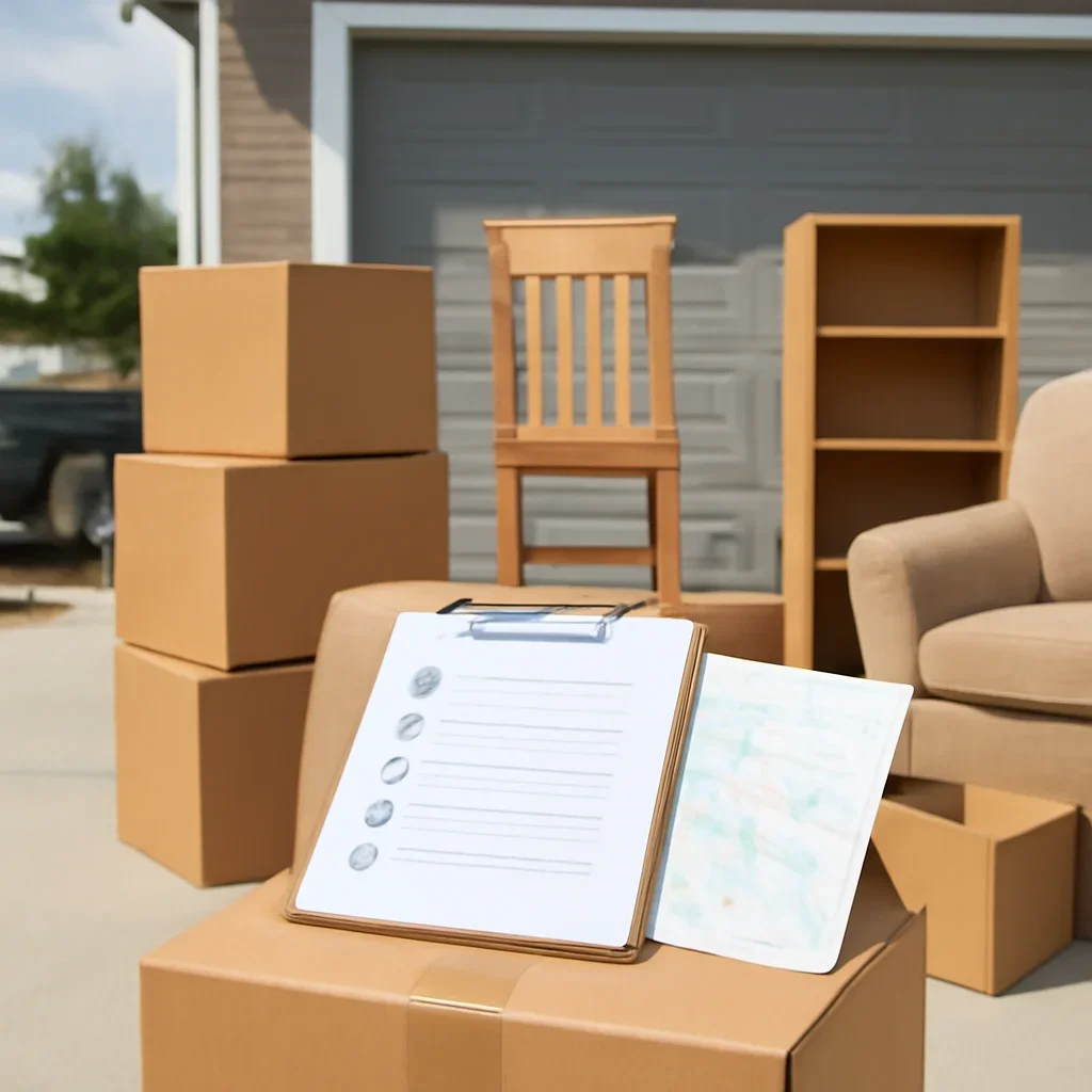 Boxes and furniture prepared for a move in Okotoks