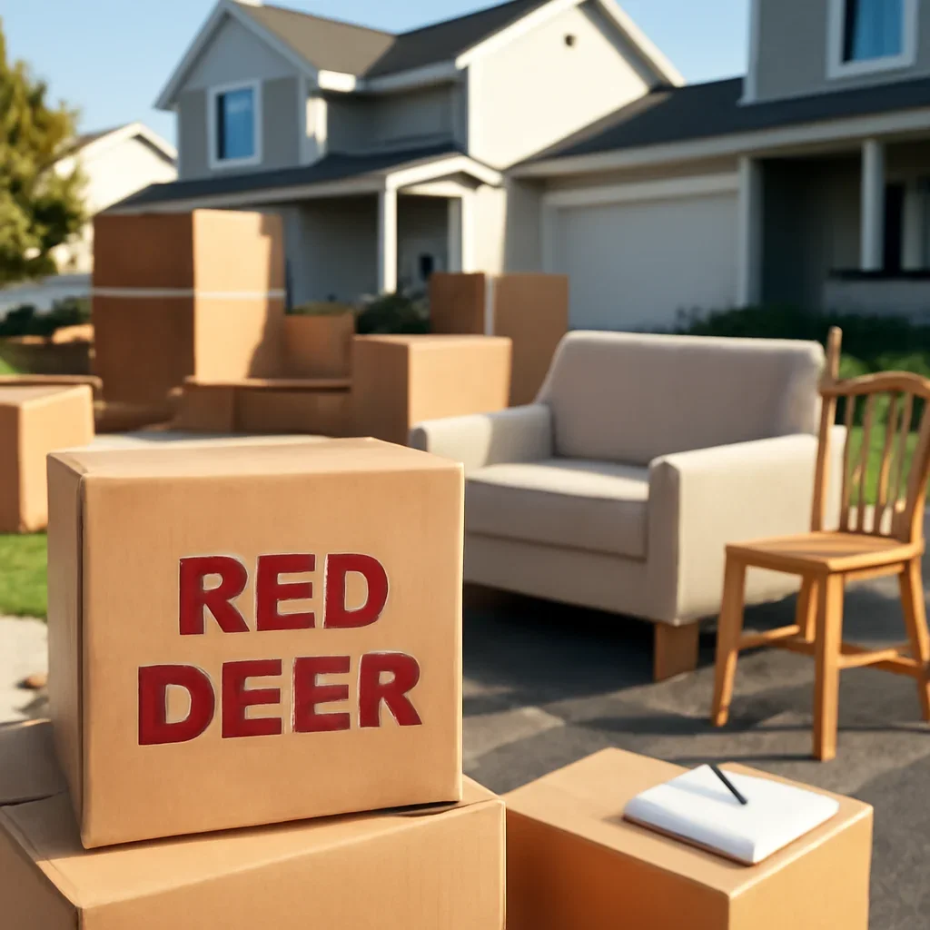 Packed household boxes and furniture ready for a move in Red Deer Alberta