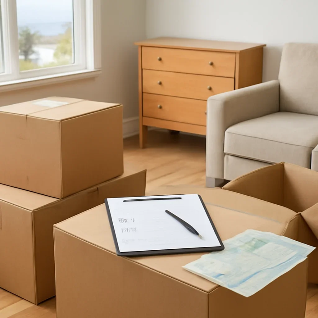 Boxes and furniture prepared for a move in Campbell River
