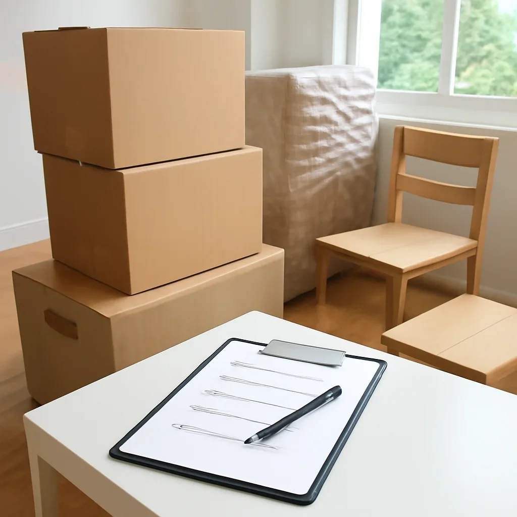 Boxes and furniture prepared for a move in Duncan