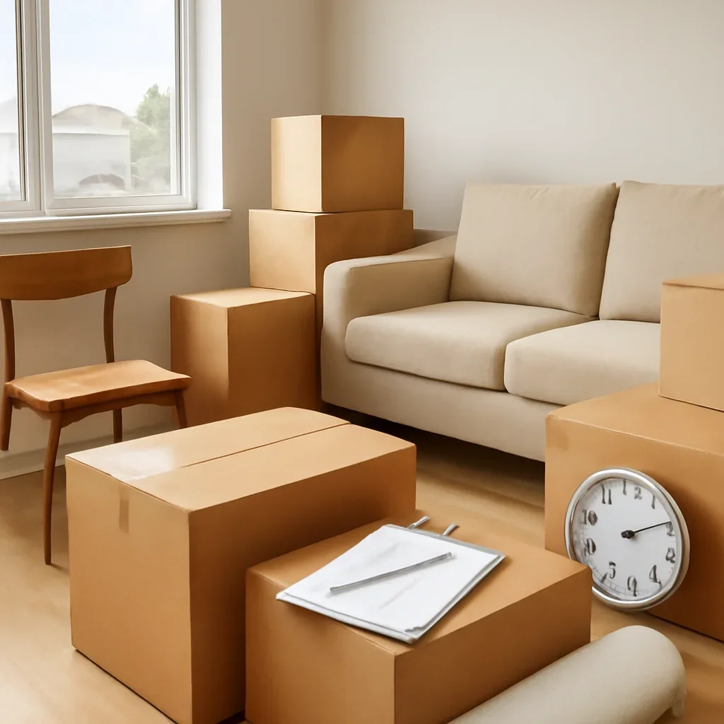 Boxes and furniture prepared for a move in Fort St. John