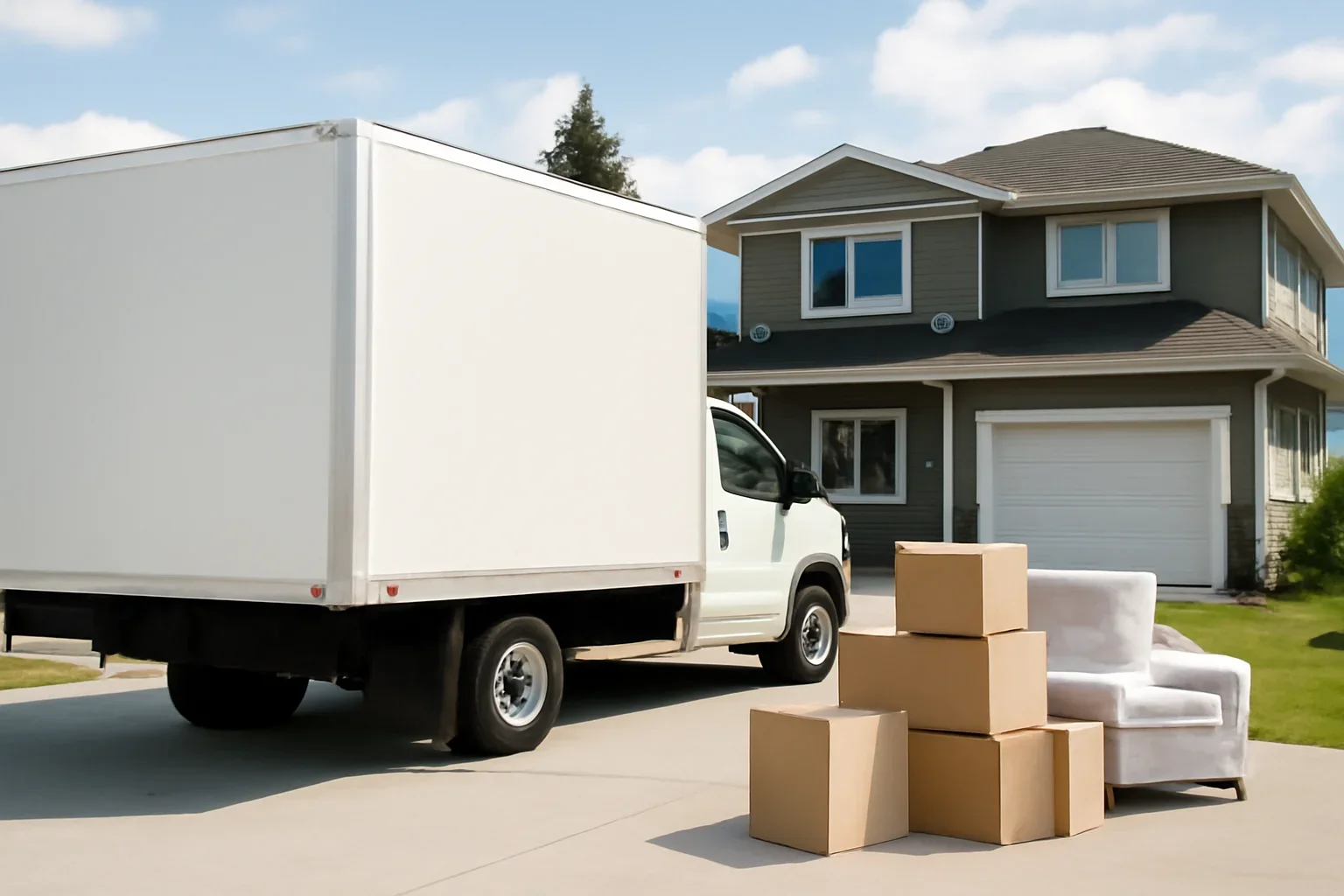 Moving truck and household boxes prepared for a move in British Columbia