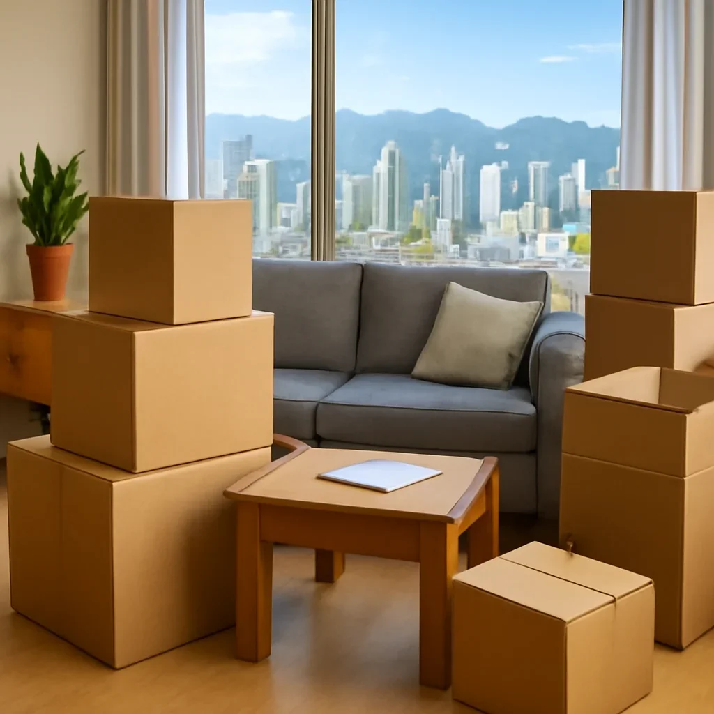 Boxes and furniture prepared for a move in Vancouver