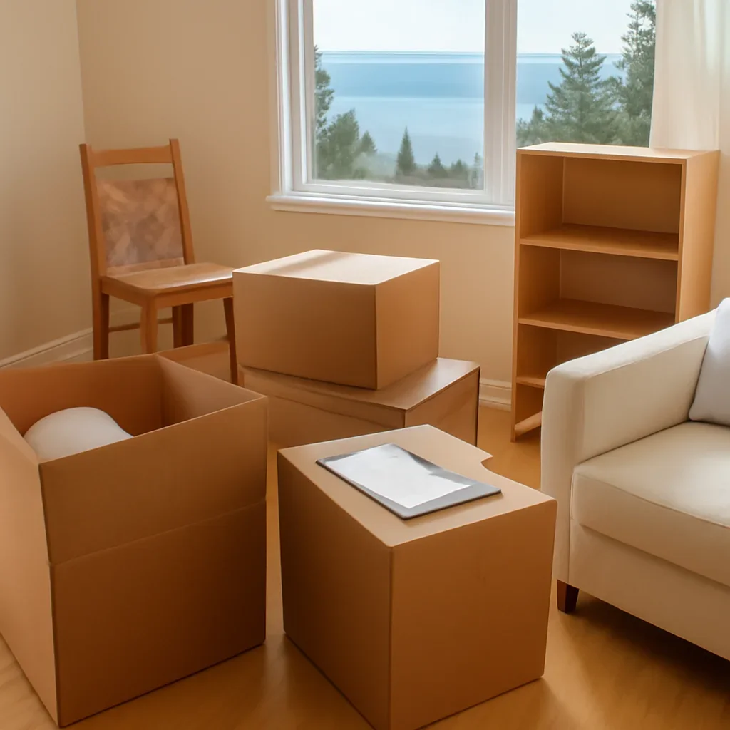 Boxes and furniture prepared for a move in West Vancouver