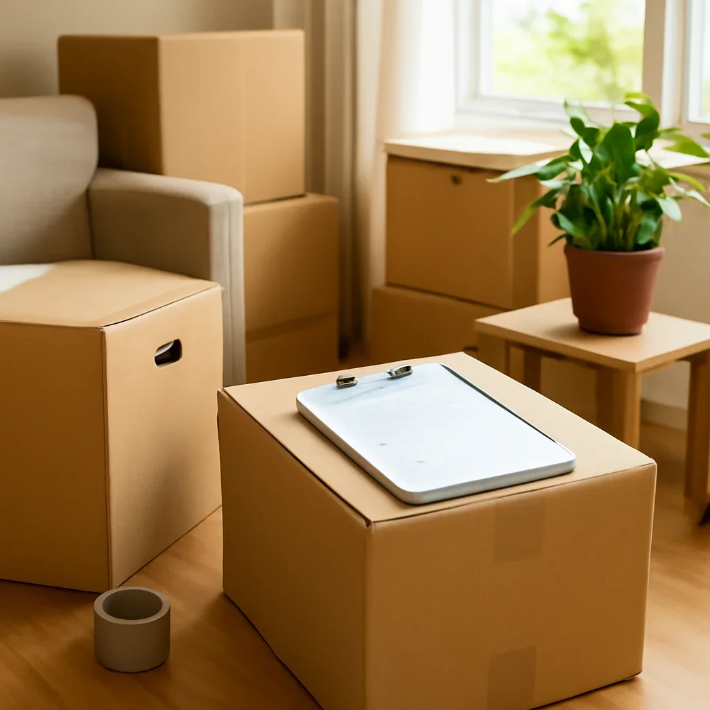 Packed furniture and moving boxes prepared for a Brandon move