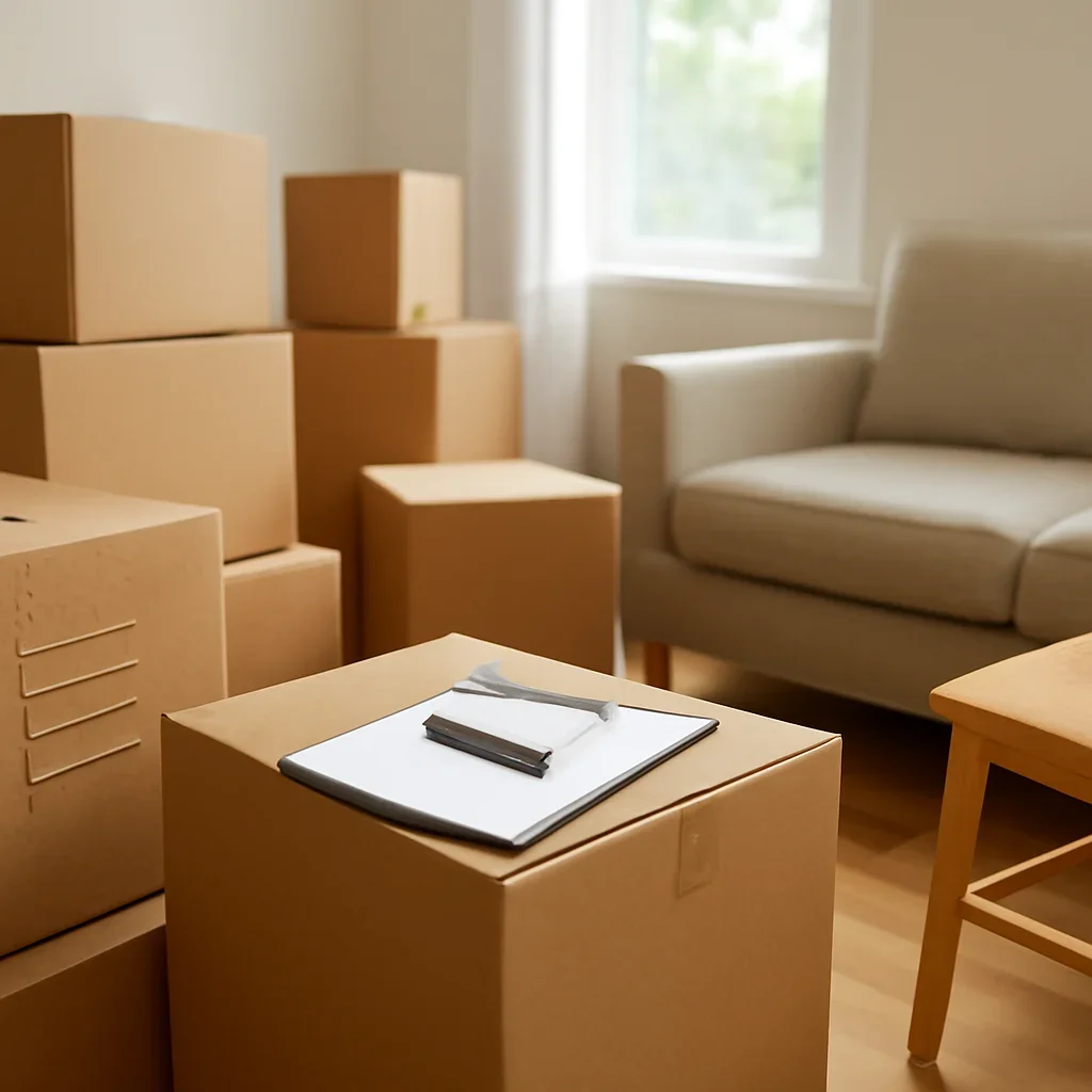 Packed furniture and moving boxes prepared for a Winnipeg move