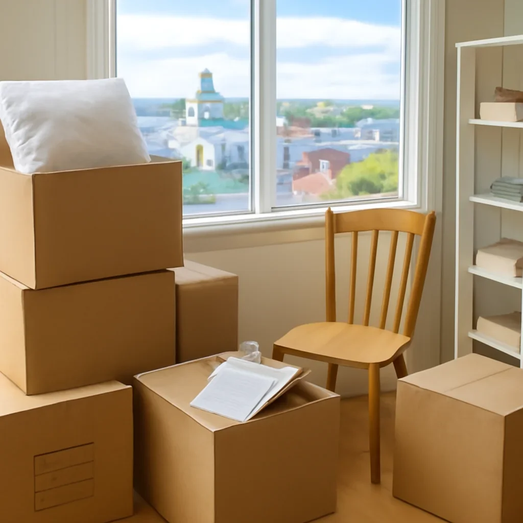 Packed furniture and moving boxes prepared for a Halifax move
