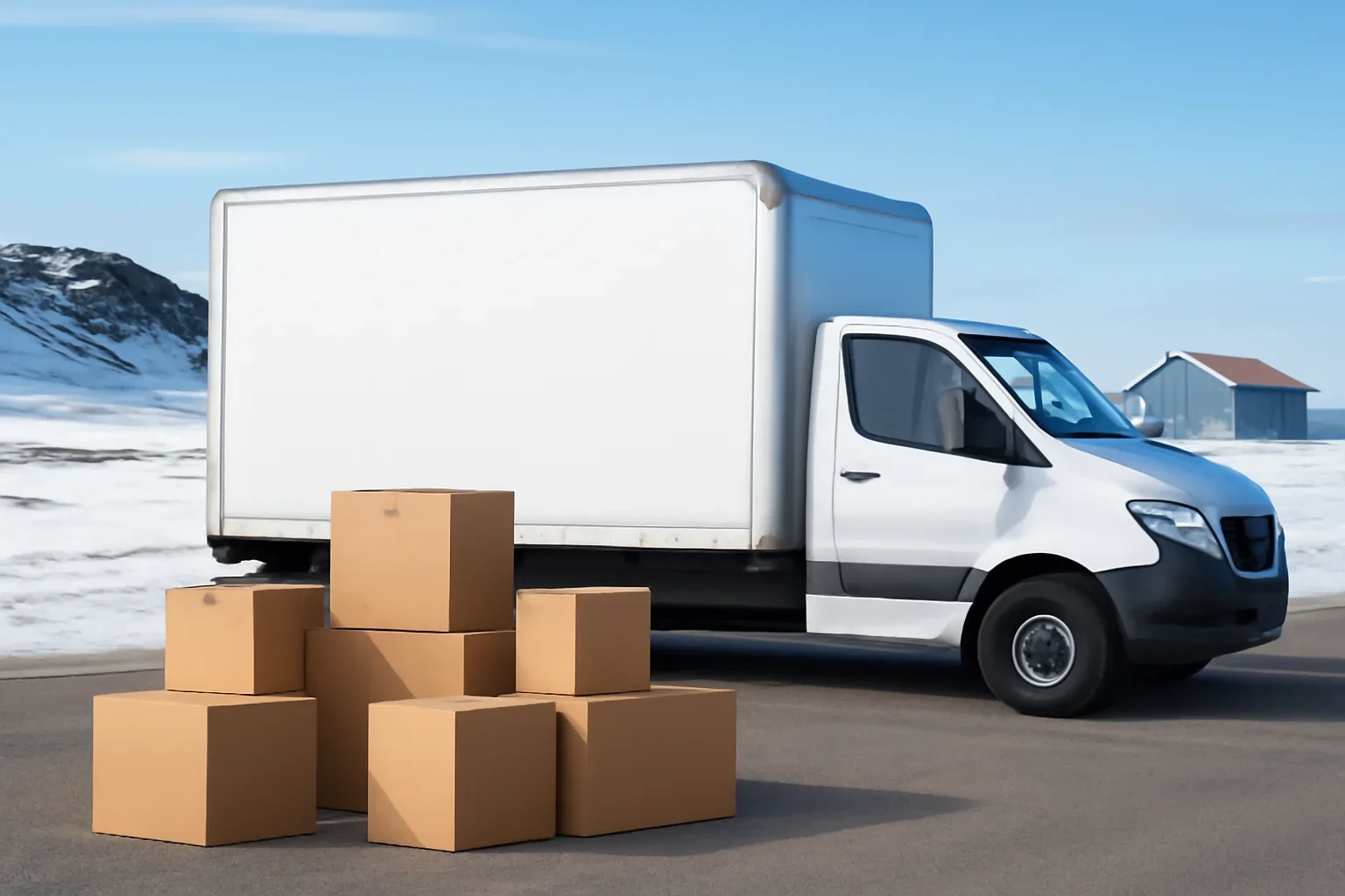Moving truck and household boxes prepared for a move in Nunavut