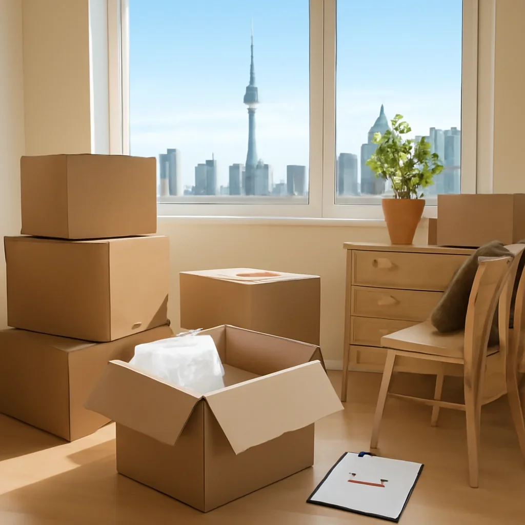 Boxes and furniture prepared for a move in Toronto