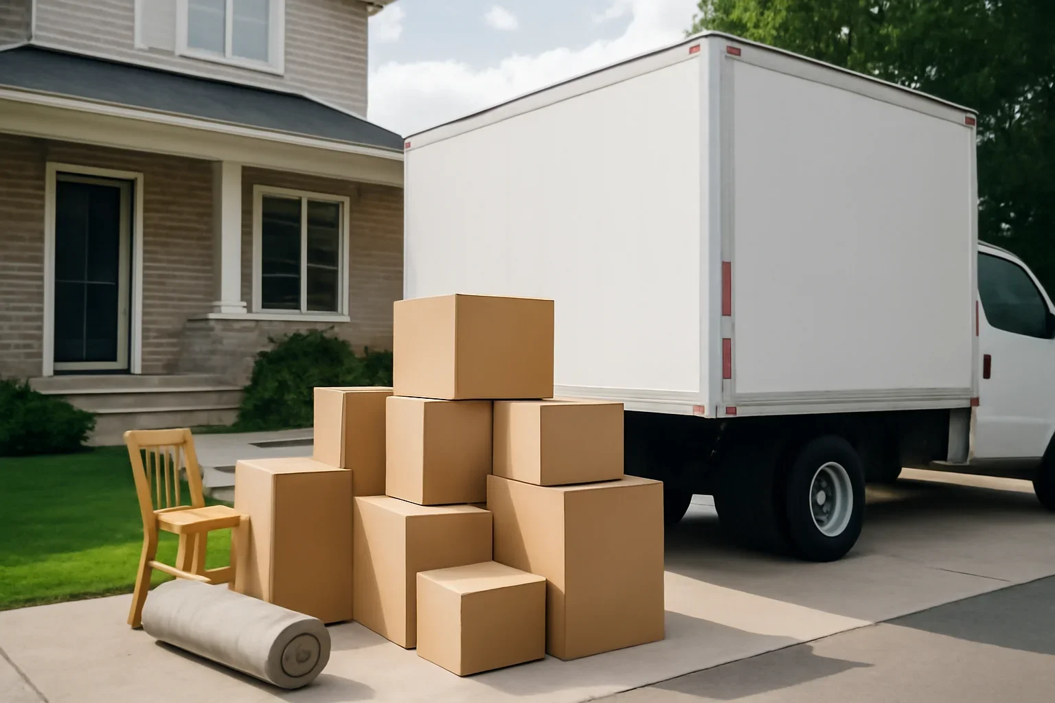Moving truck and household boxes prepared for a move in Quebec
