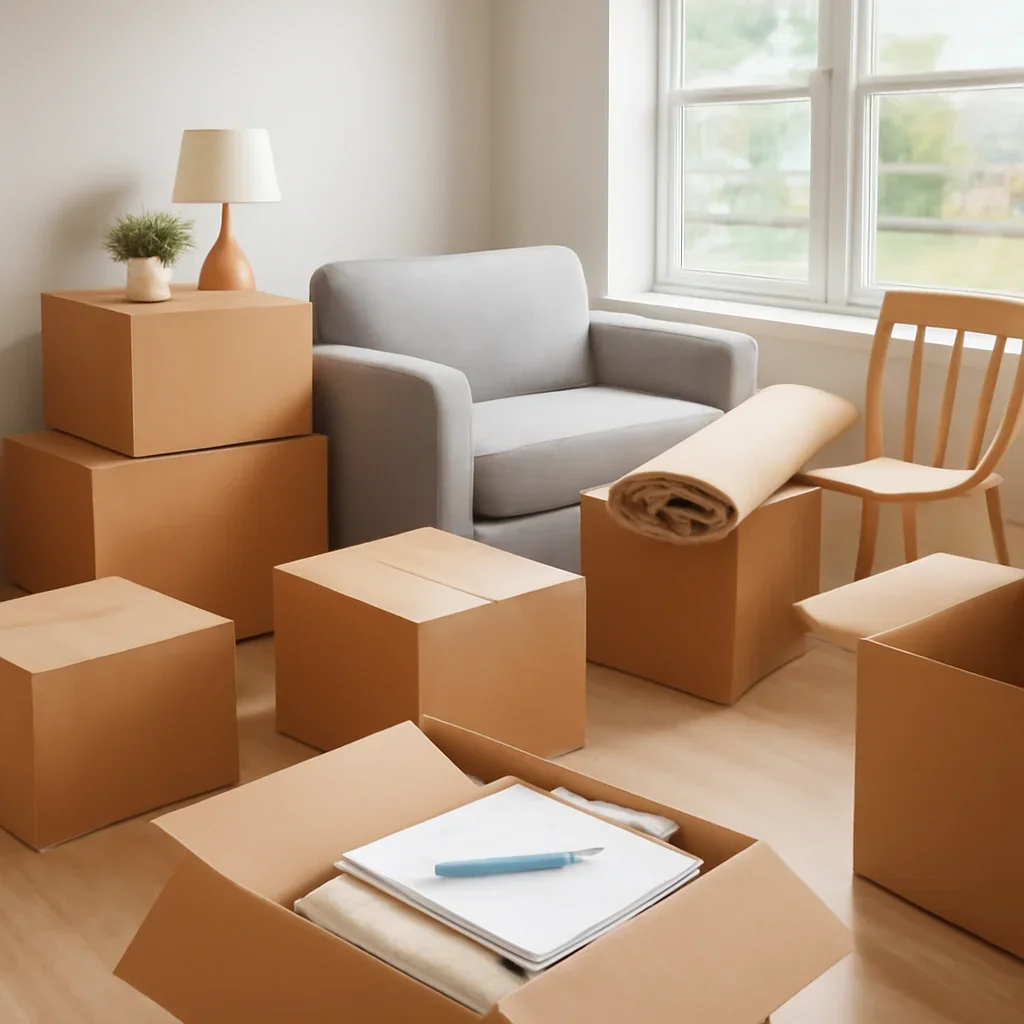 Boxes and furniture prepared for a move in Laval