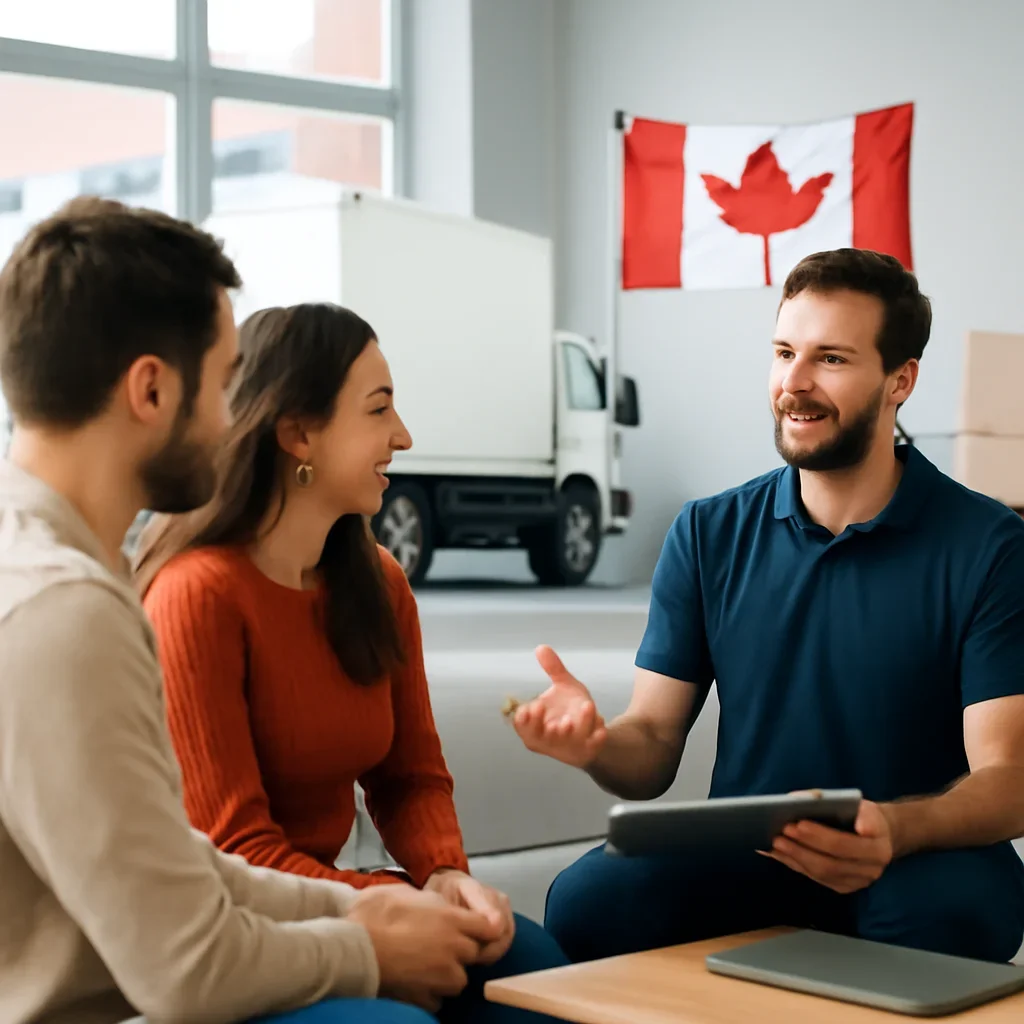 Canadian family and moving crew outside a modern home ready for relocation across Canada