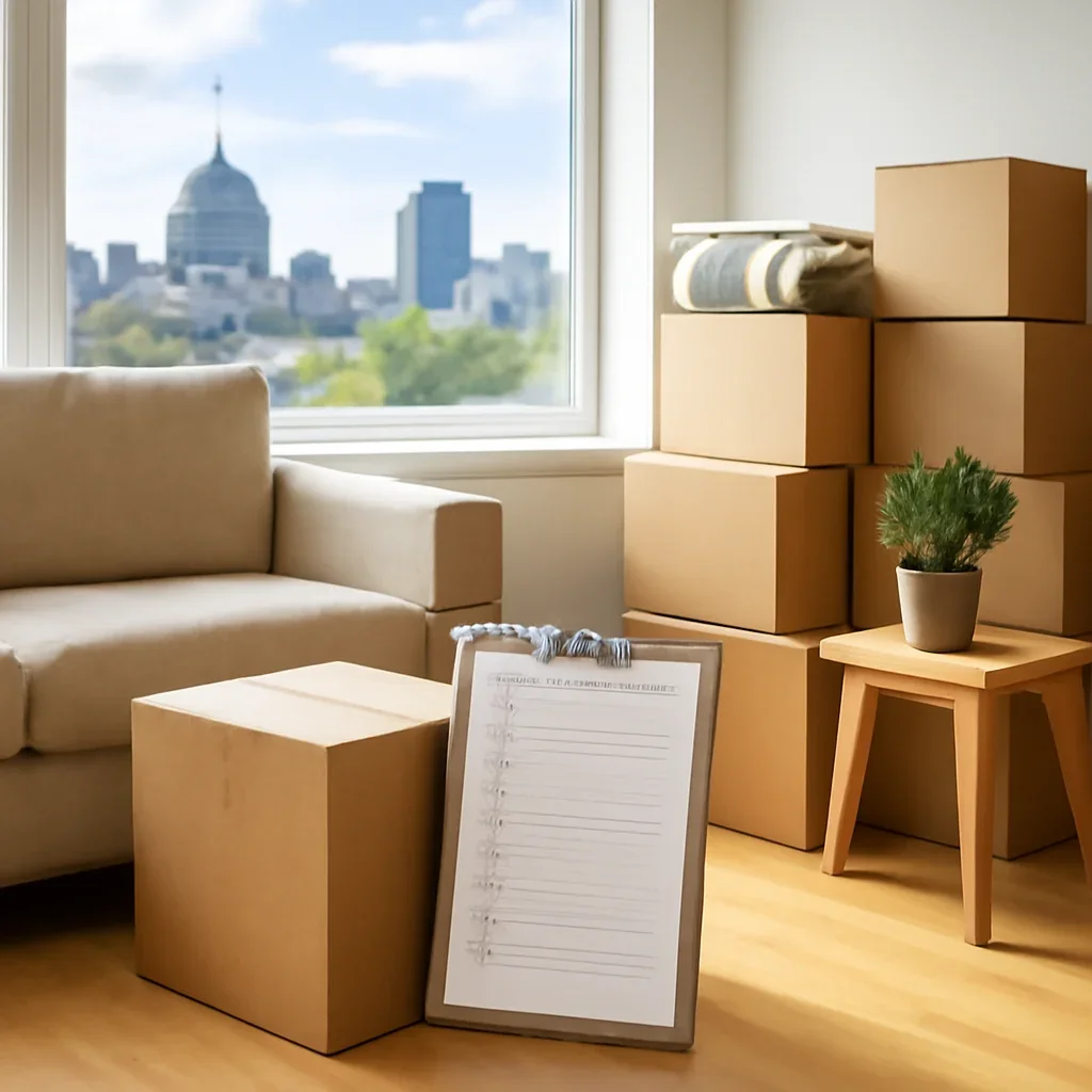 Boxes and furniture prepared for a move in Montreal