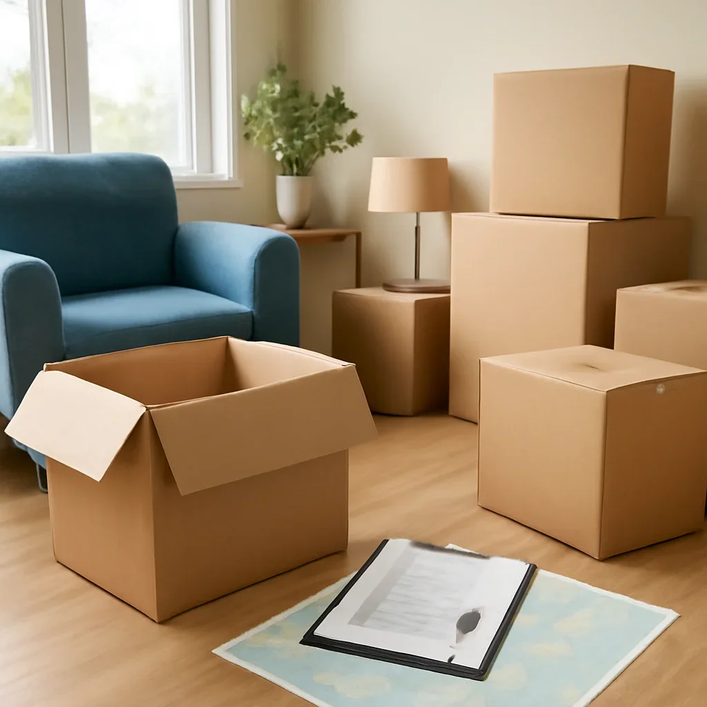 Boxes and furniture prepared for a move in Regina