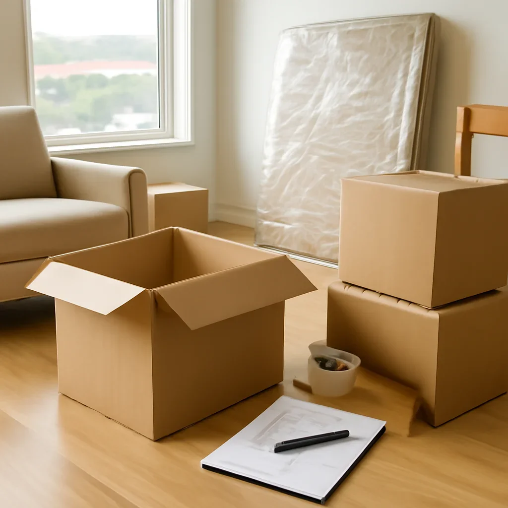 Boxes and furniture prepared for a move in Saskatoon