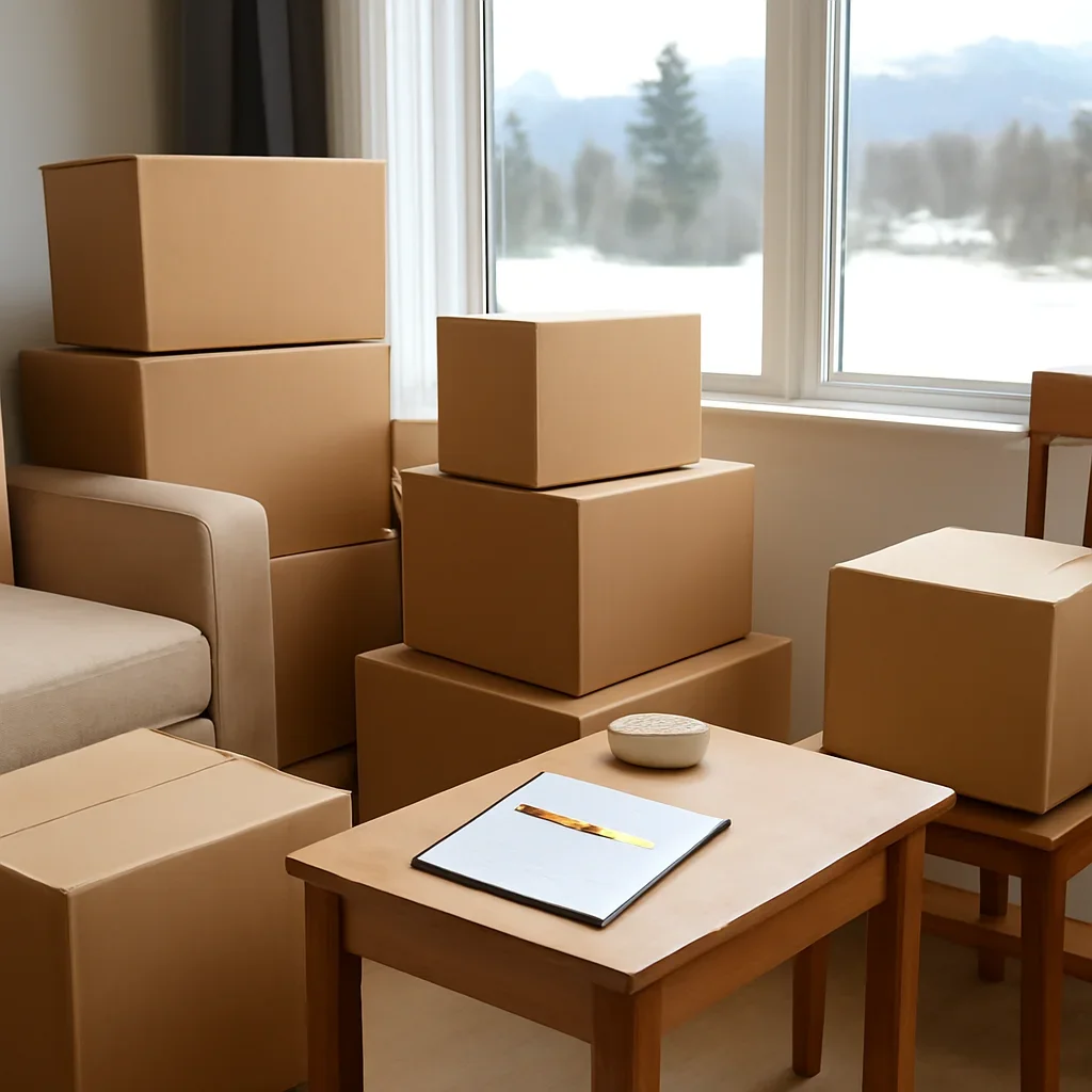Boxes and furniture prepared for a move in Whitehorse